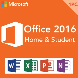 Microsoft Office 2016 Home & Student software bundle featuring Word, Excel, PowerPoint, and OneNote icons on a laptop screen