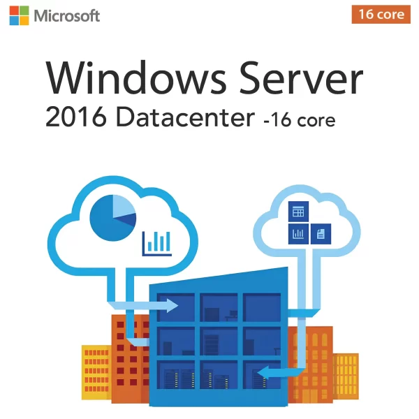 Windows Server 2016 Datacenter interface showing virtualization, security features, and management console. Buy 16 core license key.